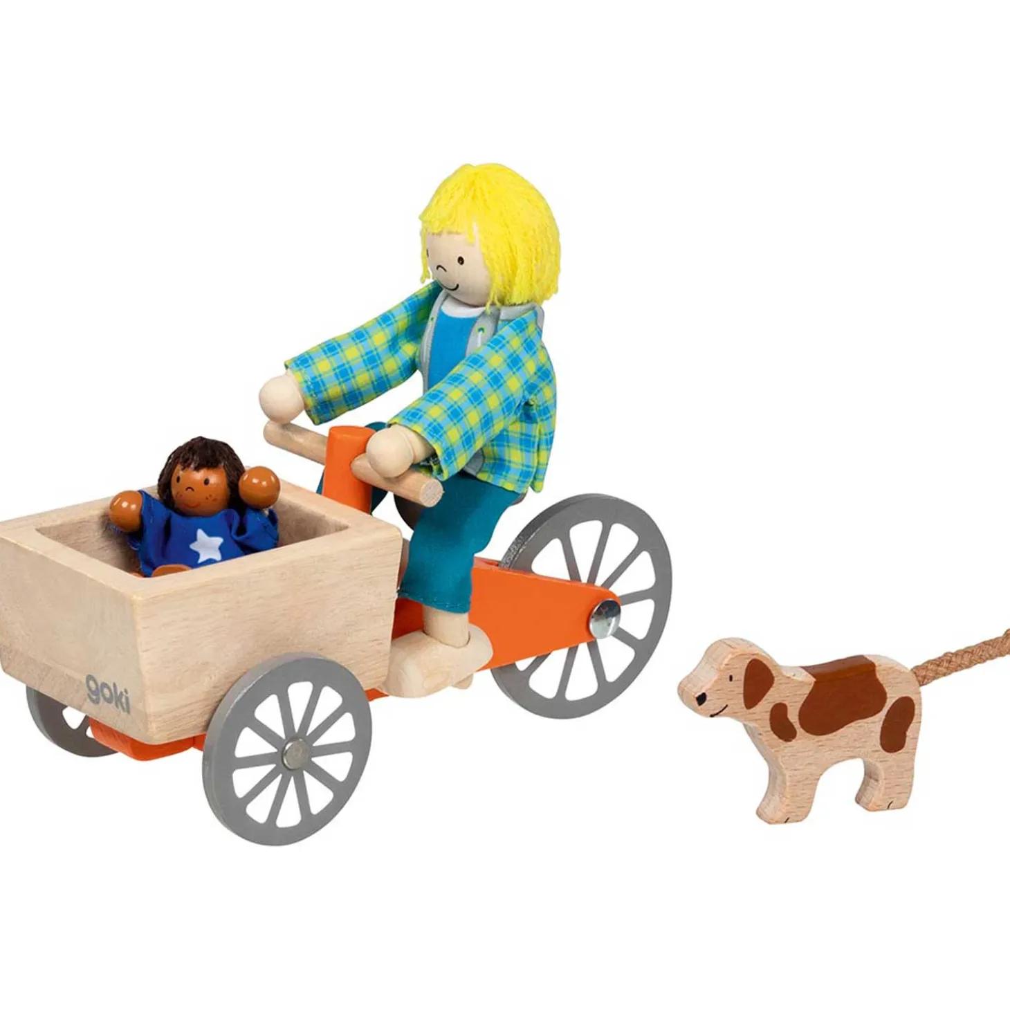Lastenfahrrad mit 2 Biegepuppen und Hund
