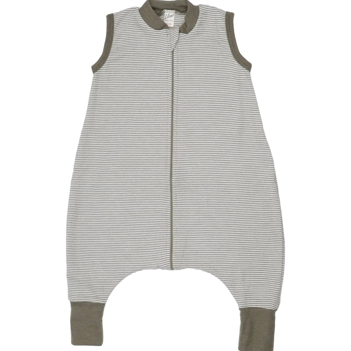 Schlafsack mit Bein Wolle Seide Ringel khaki 74/80