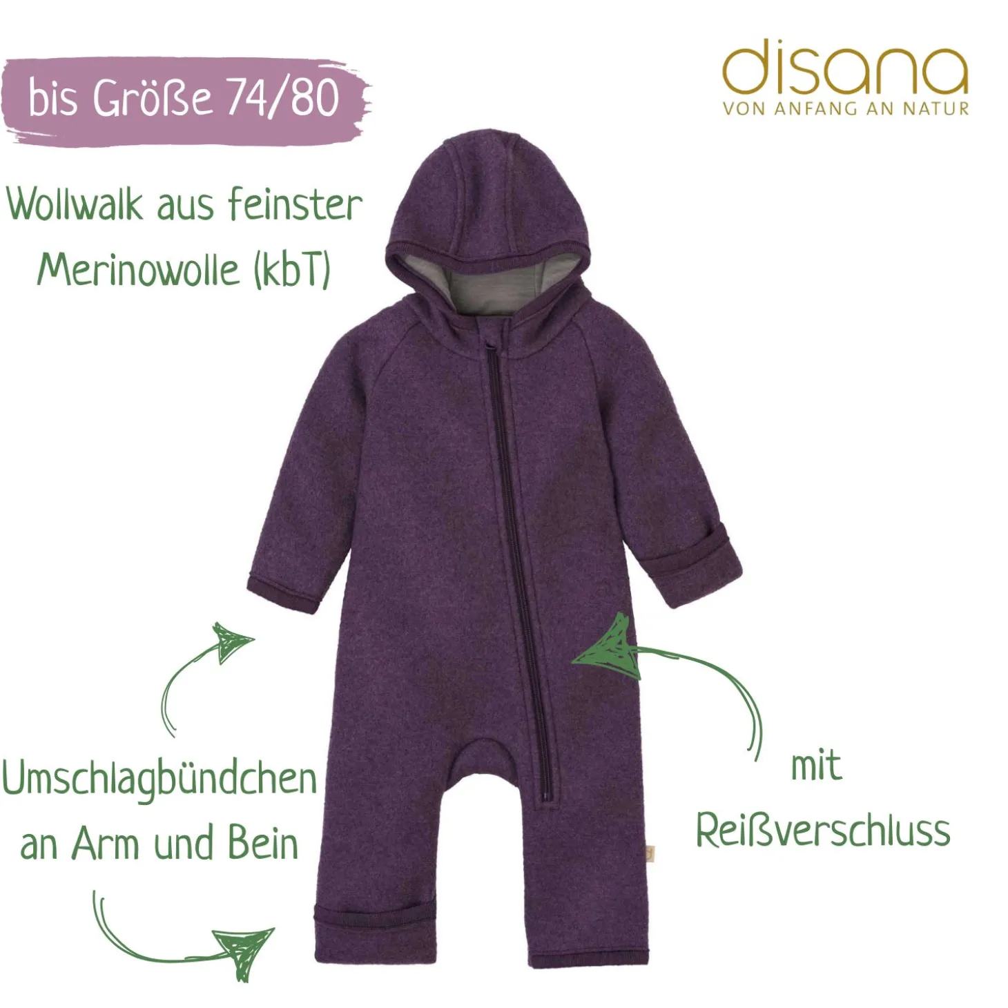 Wollwalk-Zippoverall aubergine 74/80