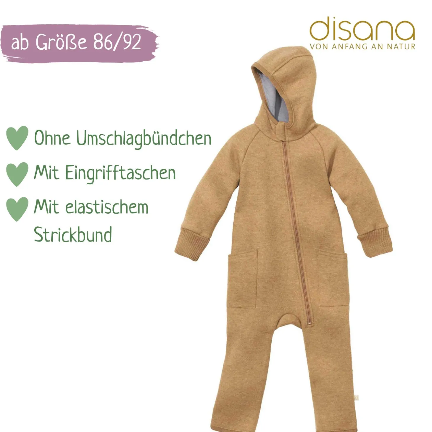 Wollwalk-Zippoverall karamell 62/68