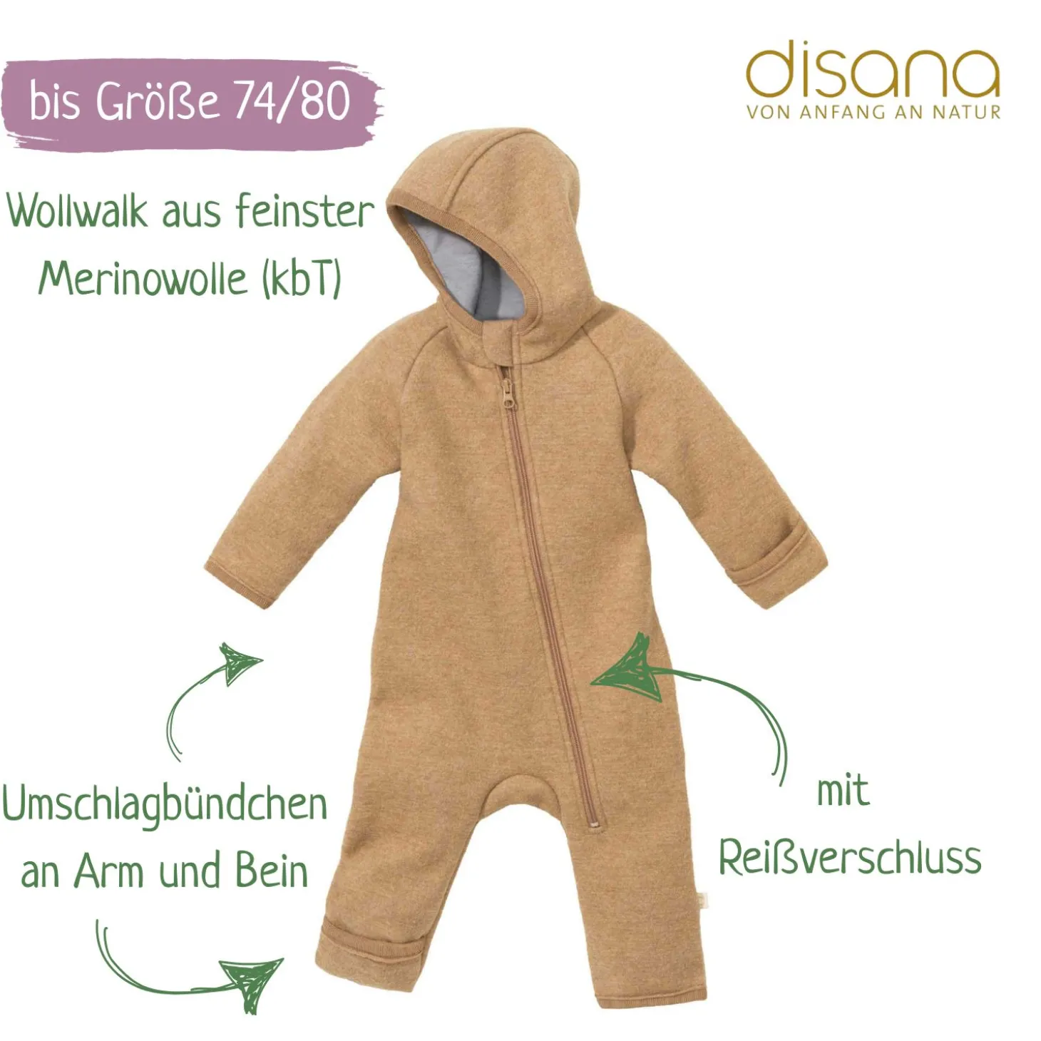Wollwalk-Zippoverall karamell 62/68